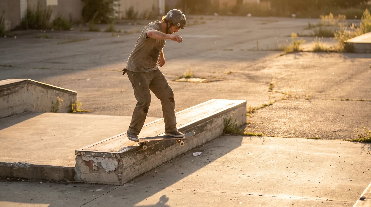 Skater locking into a 50-50 grind on a low ledge with both trucks balanced