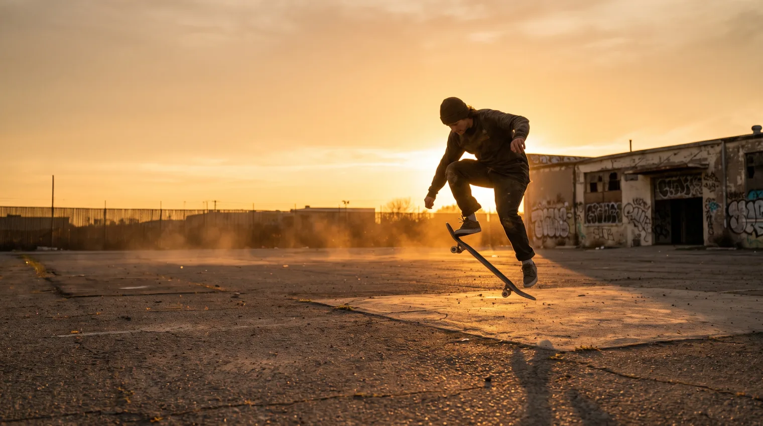 Skater mid-flick on a kickflip attempt, board rotating under their feet