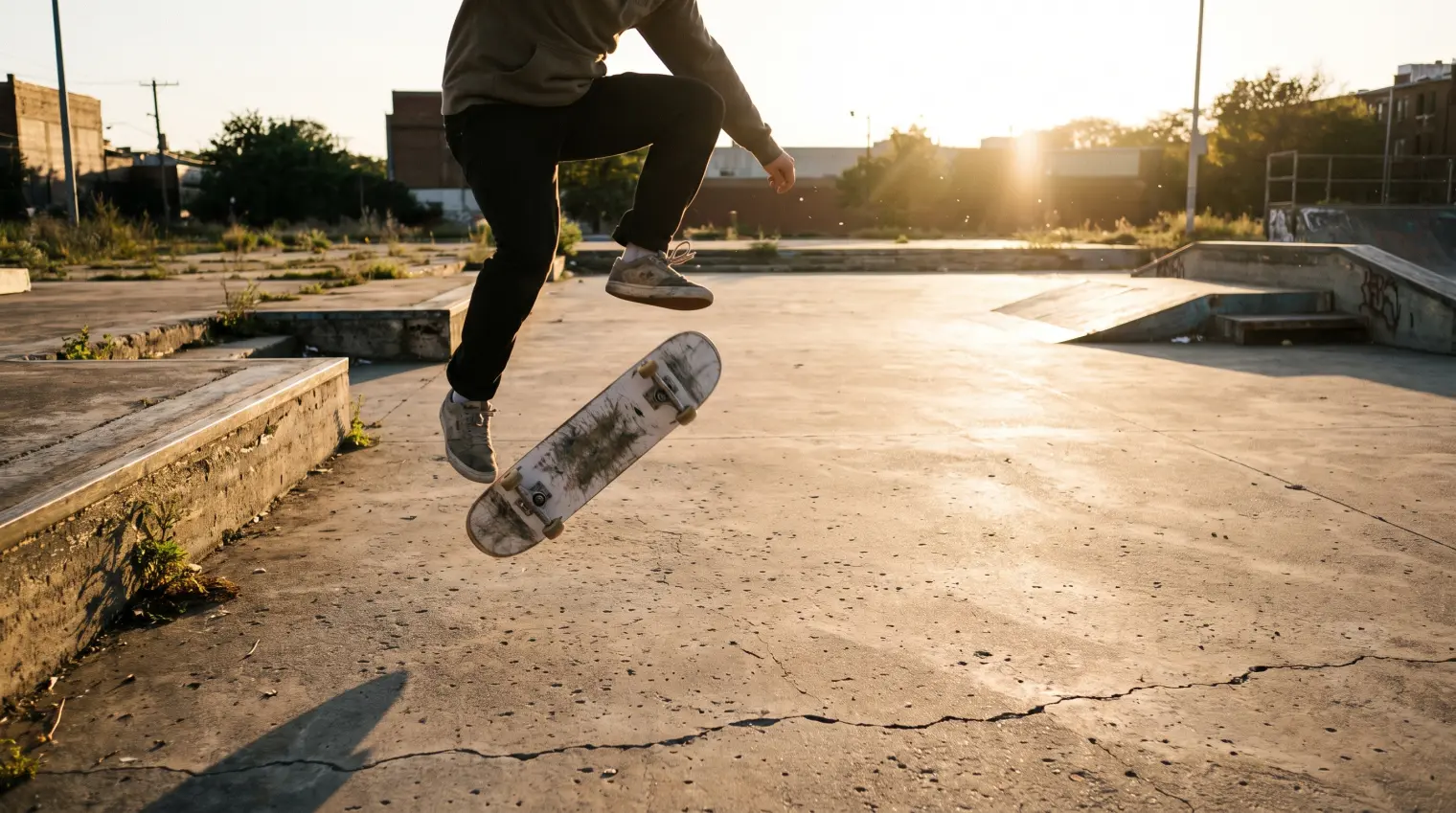 Skateboarder repeating the same kickflip attempt across a series of frames, showing repetition toward consistency