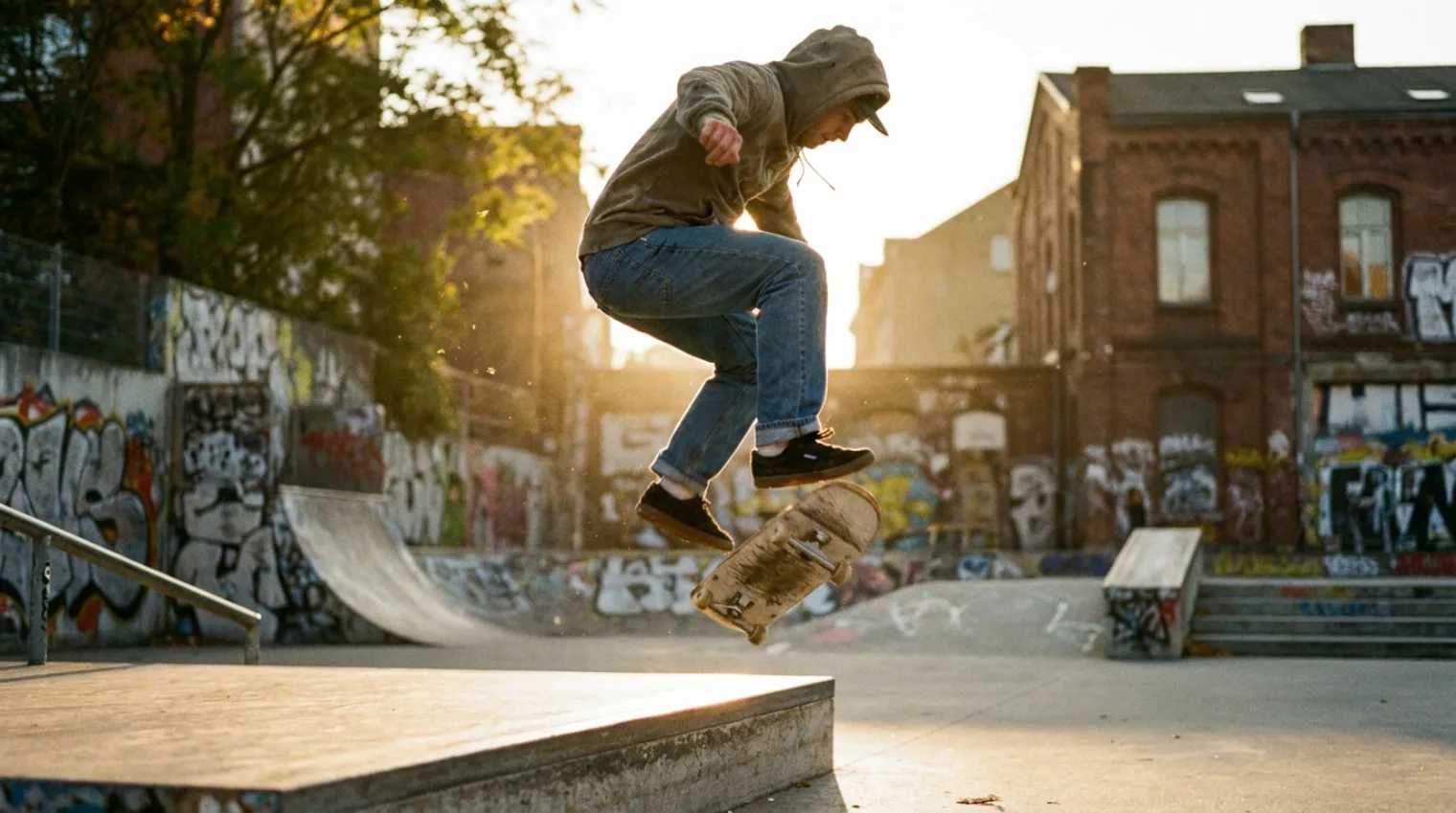 Skater in the air completing a tre flip, board spinning and flipping through a full rotation