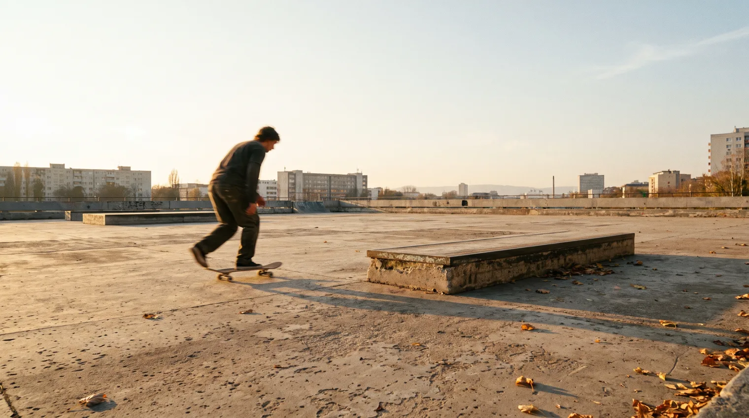 A beginner skateboarder working through a sequence of flatground tricks in a parking lot