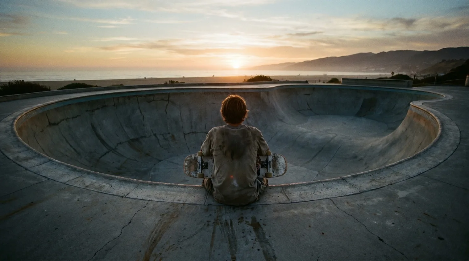Skater sitting alone at the edge of an empty bowl at sunset with his board on his lap