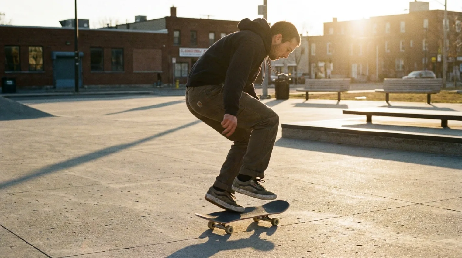 Skateboarder landing a switch kickflip in their opposite stance on a flat surface