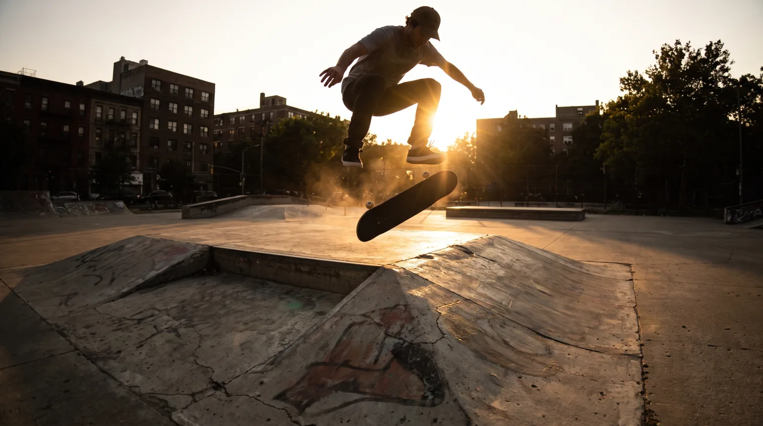 Skater catching a tre flip mid-air with the board fully rotated and flipped