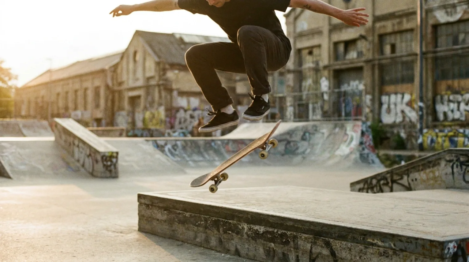 Skater popping a varial kickflip, board flipping and rotating together above flat ground