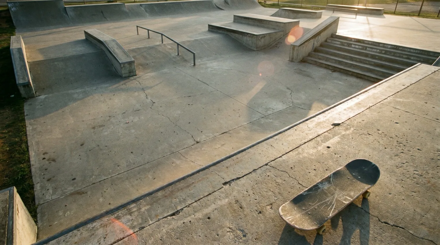 Empty skatepark with ledges, rails and stairs ahead, a skateboard resting in the foreground