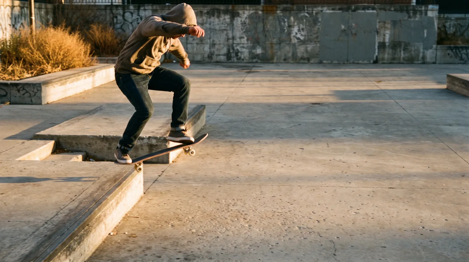 A skateboarder landing an ollie and rolling away, about to try the next trick in the progression