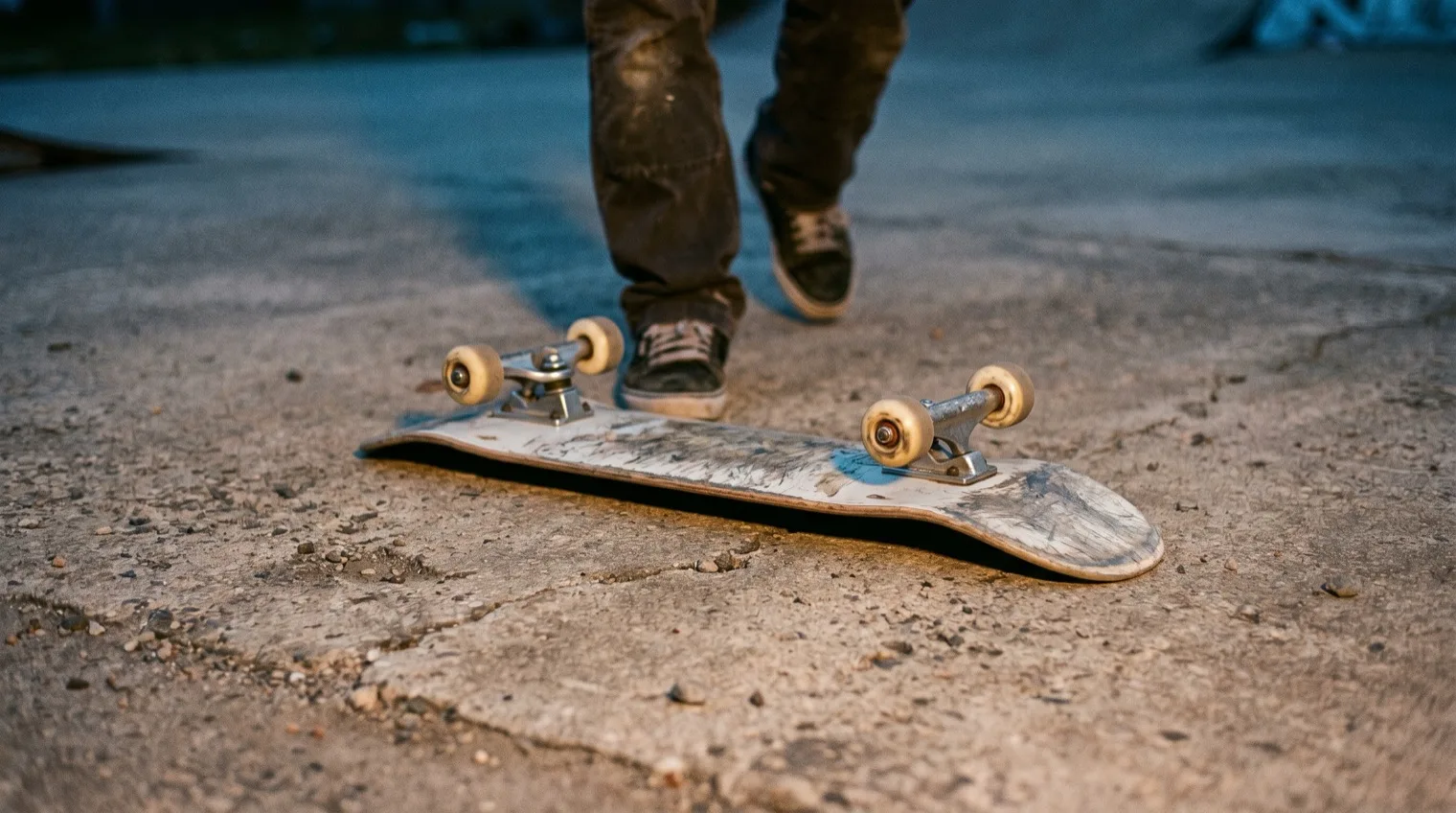 Skateboard lying upside down on concrete after a failed kickflip attempt